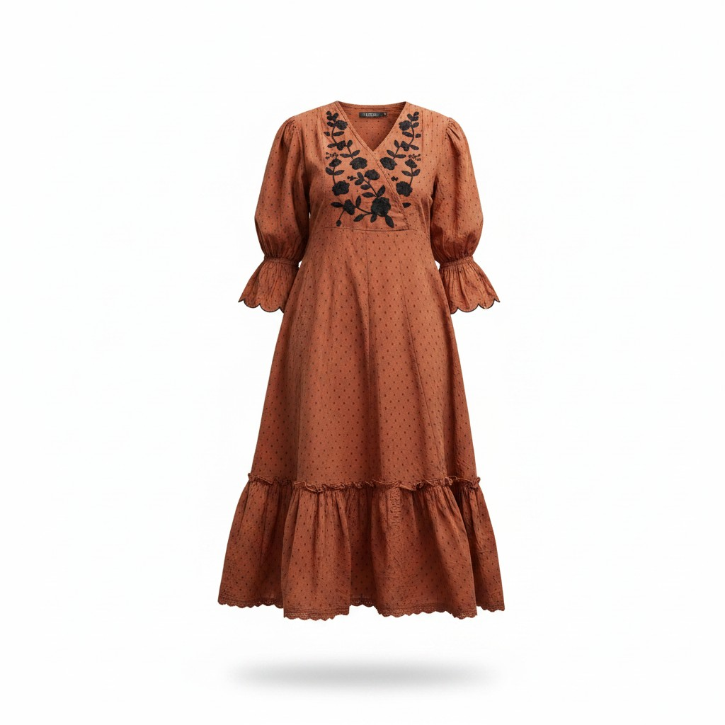 Rust Brown Floral Embroidered Midi Dress