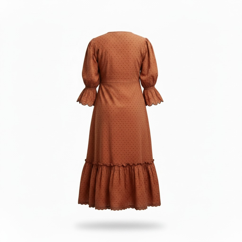 Rust Brown Floral Embroidered Midi Dress