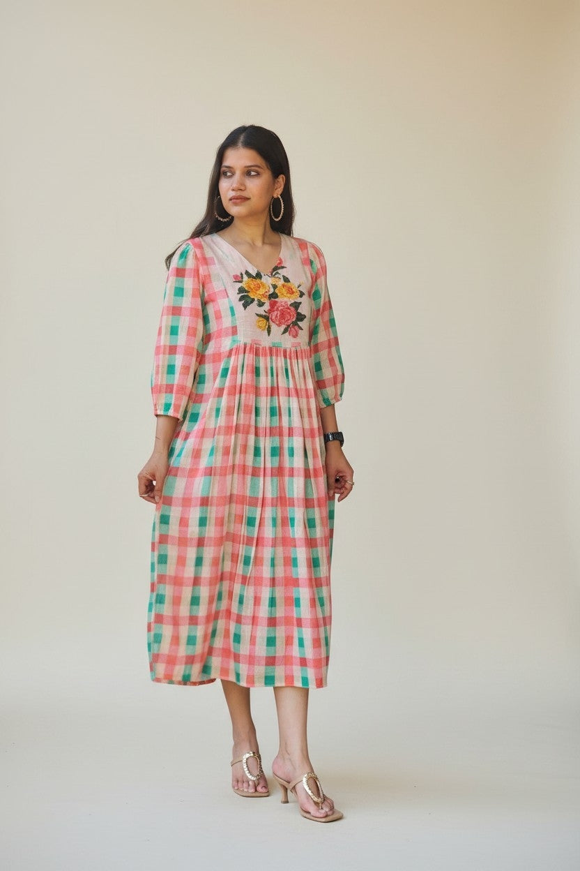 Gingham Floral Midi Dress