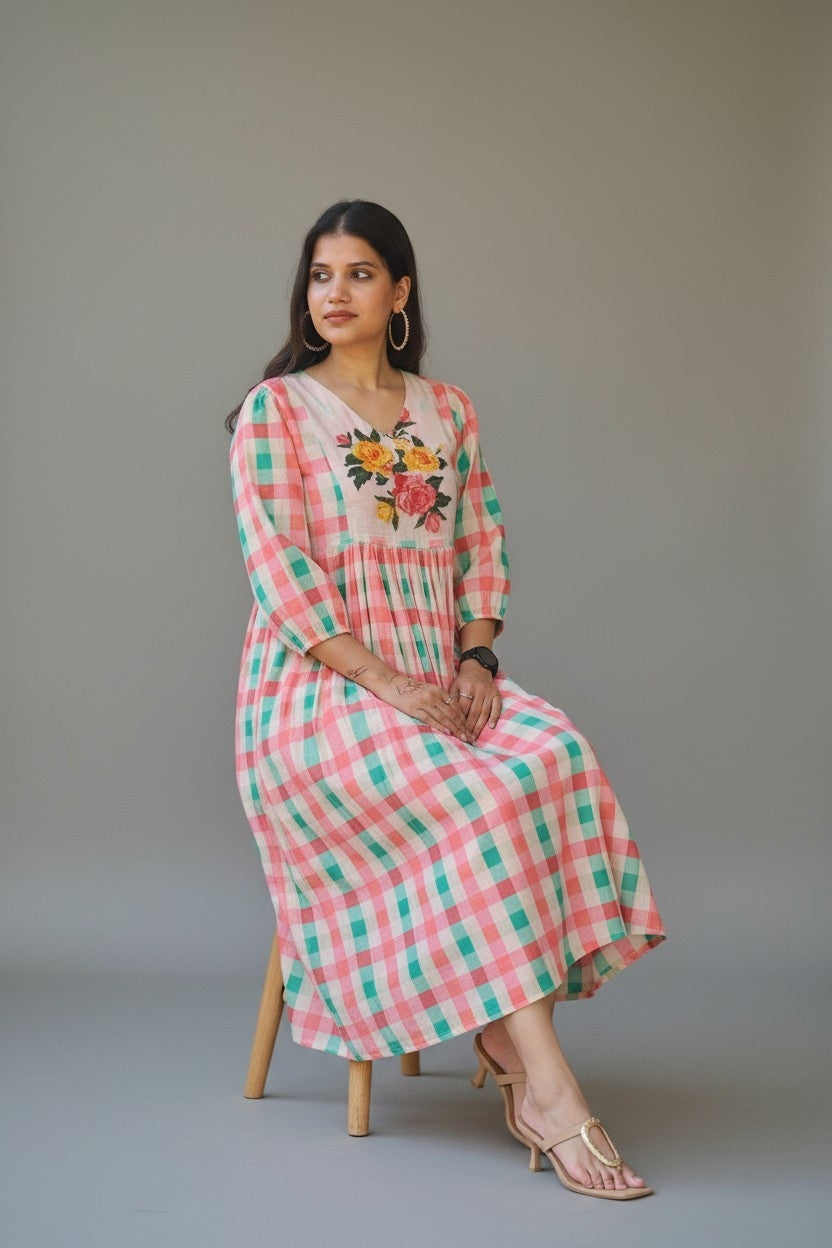 Gingham Floral Midi Dress