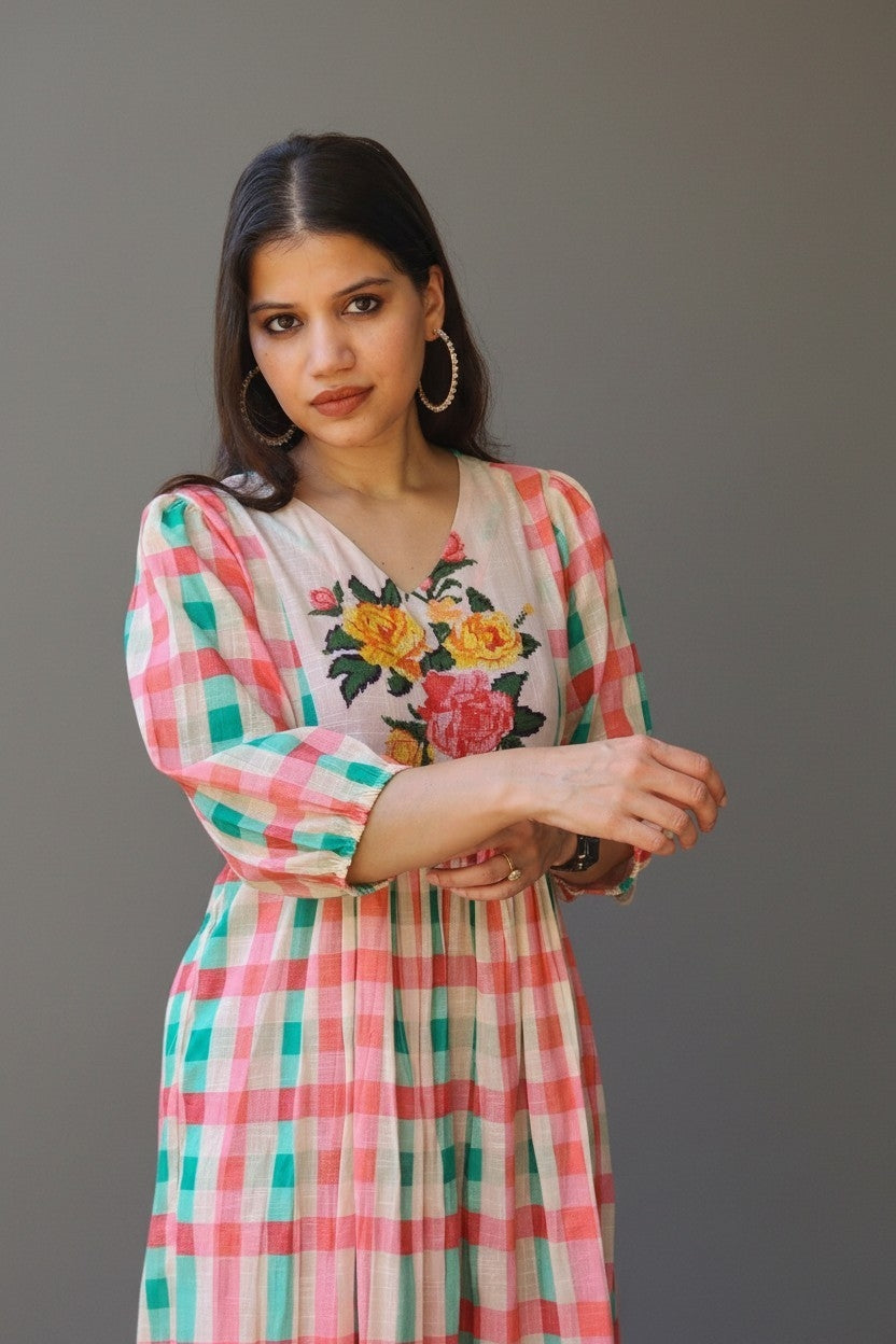 Gingham Floral Midi Dress