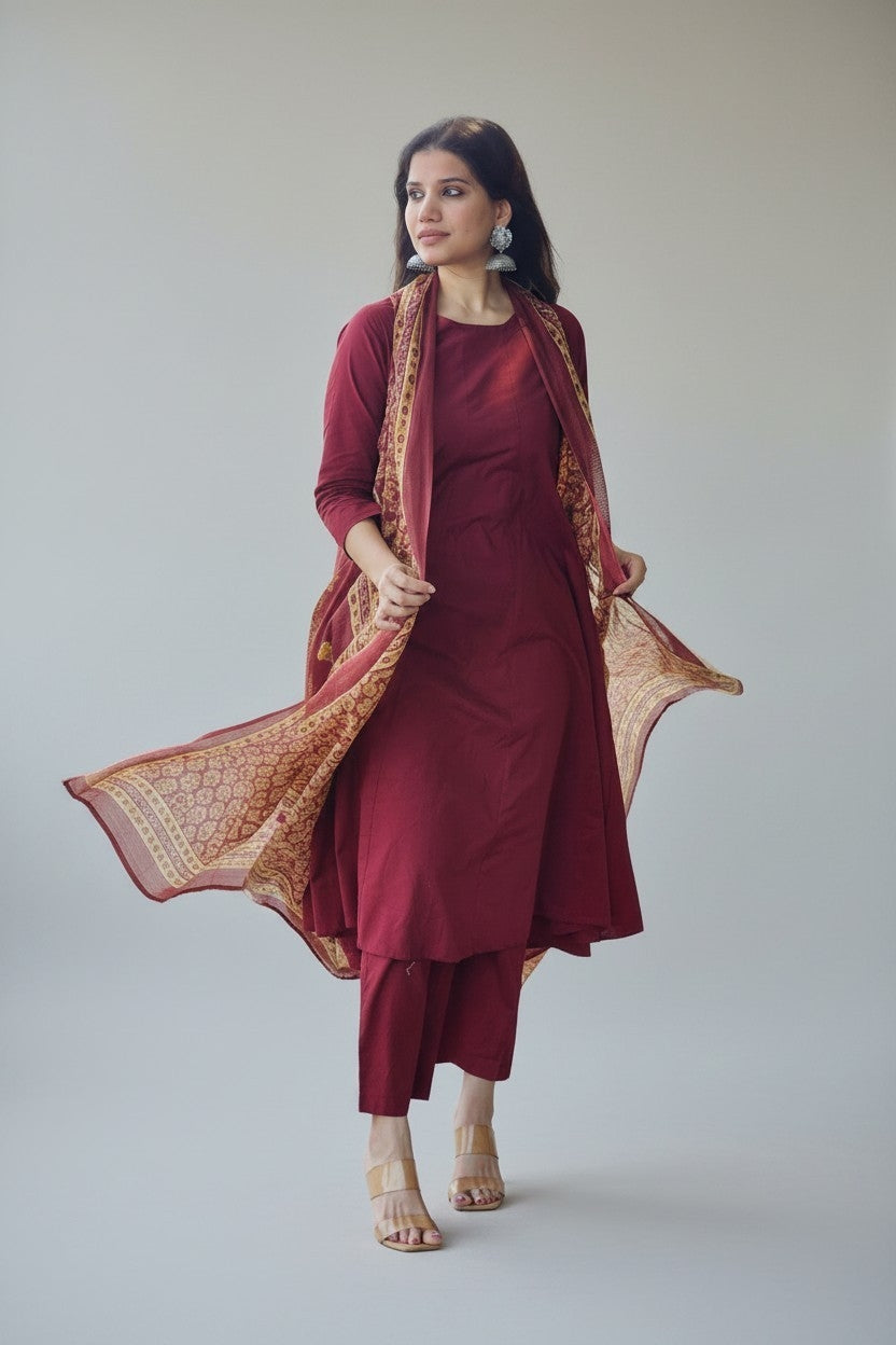 Maroon Anarkali kurta-pant