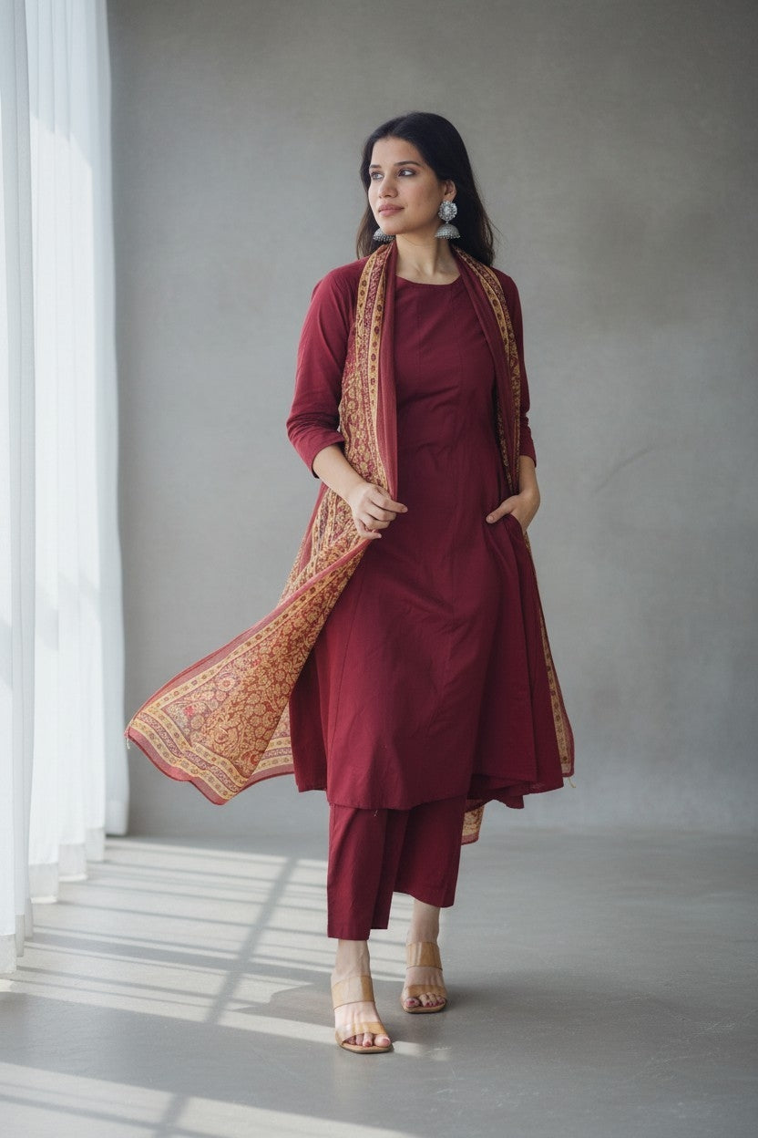 Maroon Anarkali kurta-pant