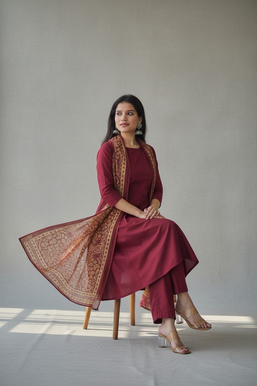 Maroon Anarkali kurta-pant