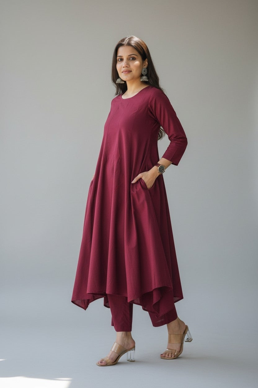 Maroon Anarkali kurta-pant