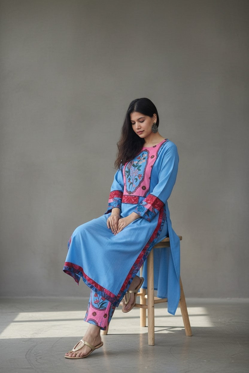 Blue Floral Embroidered Kurta Pant