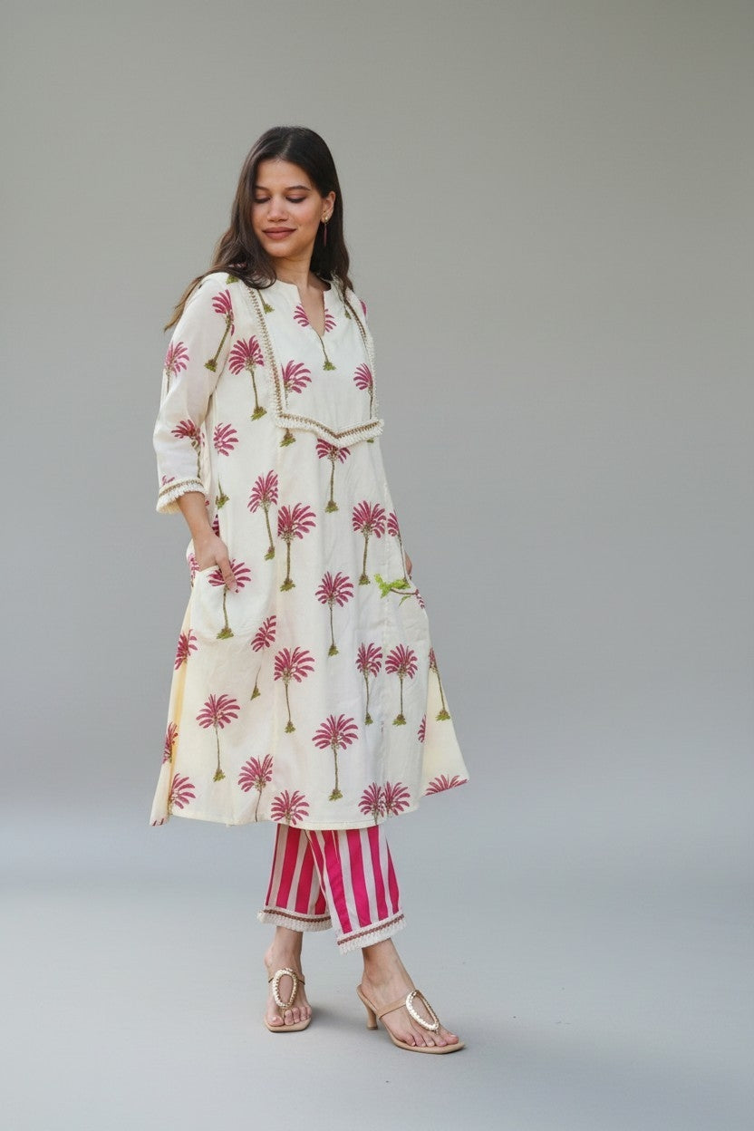Palm Print Cotton Kurta Pant