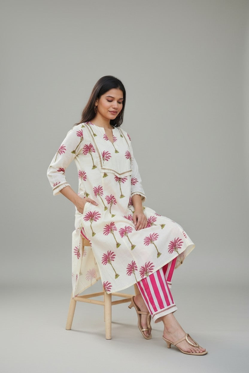 Palm Print Cotton Kurta Pant