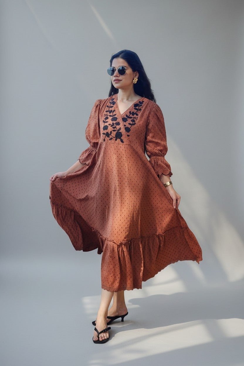 Rust Brown Floral Embroidered Midi Dress