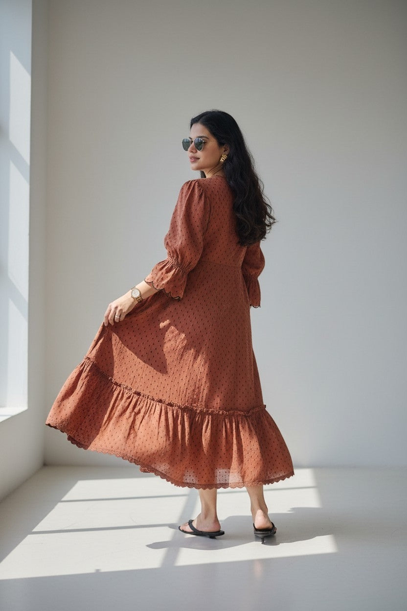 Rust Brown Floral Embroidered Midi Dress
