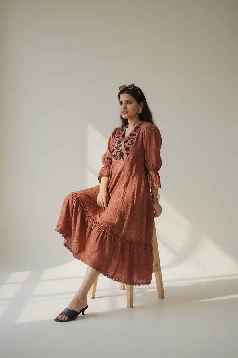 Rust Brown Floral Embroidered Midi Dress