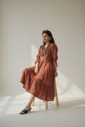 Rust Brown Floral Embroidered Midi Dress