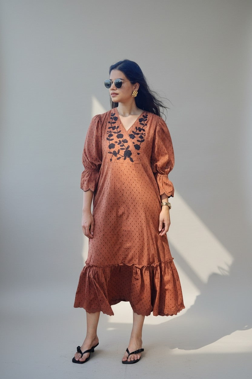 Rust Brown Floral Embroidered Midi Dress